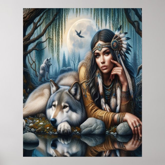 Poster Mística Uma Mulher Americana Nativa Com Lobos 16x2 (Frente)