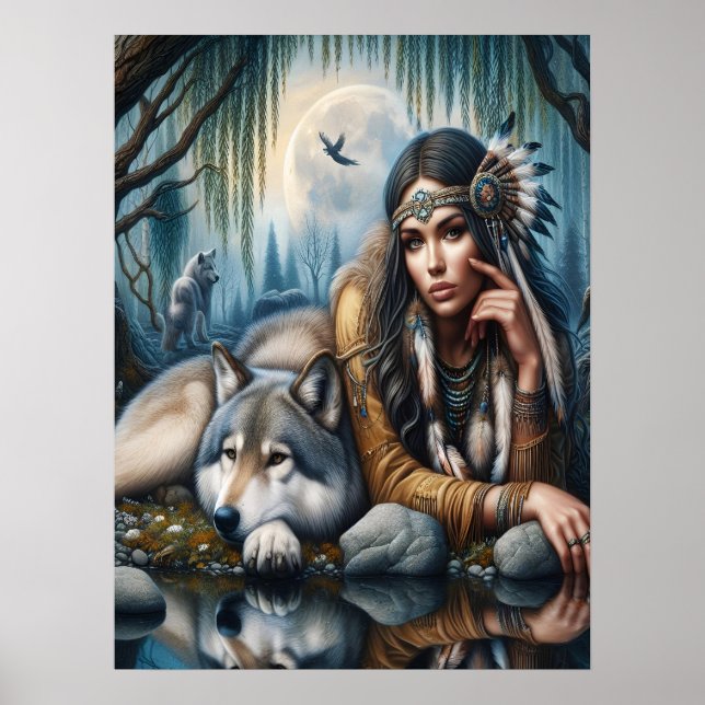 Poster Mística Uma Mulher Americana Nativa Com Lobos 18x2 (Frente)