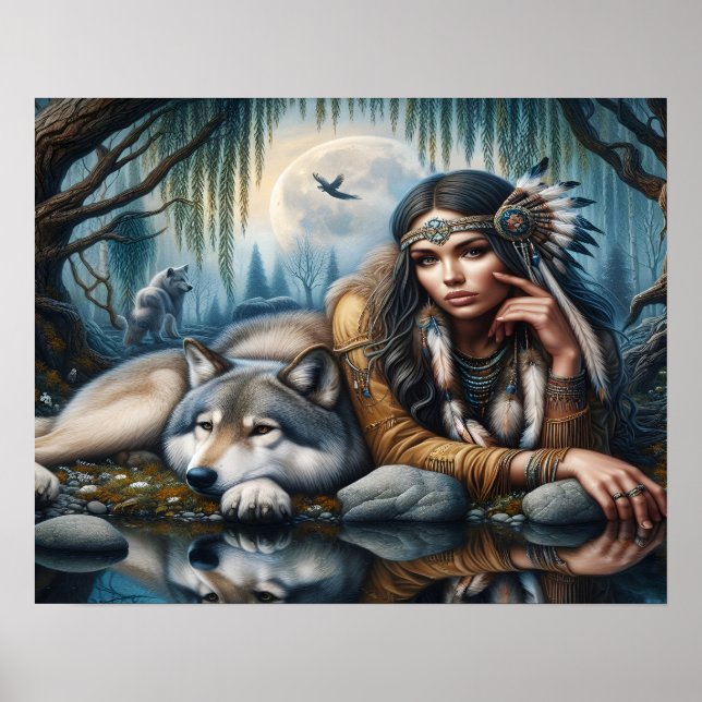 Poster Mística Uma Mulher Americana Nativa Com Lobos 20x1 (Frente)