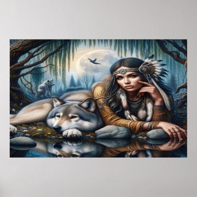 Poster Mística Uma Mulher Americana Nativa Com Lobos 36x2 (Frente)