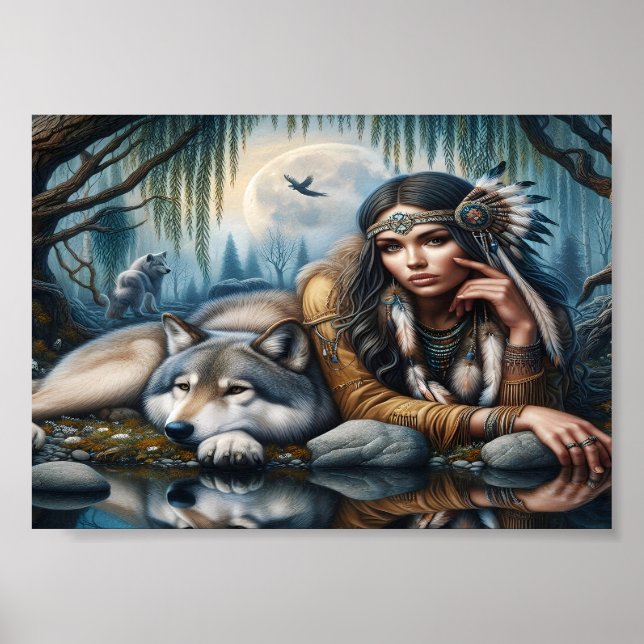 Poster Mística Uma Mulher Americana Nativa Com Lobos 5x7 (Frente)