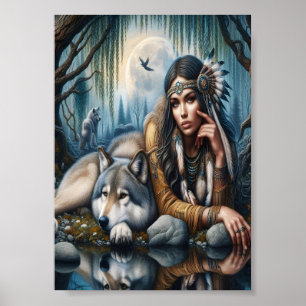 Poster Mística Uma Mulher Americana Nativa Com Lobos 7x5