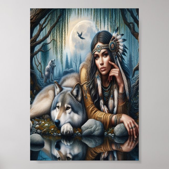 Poster Mística Uma Mulher Americana Nativa Com Lobos 7x5 (Frente)