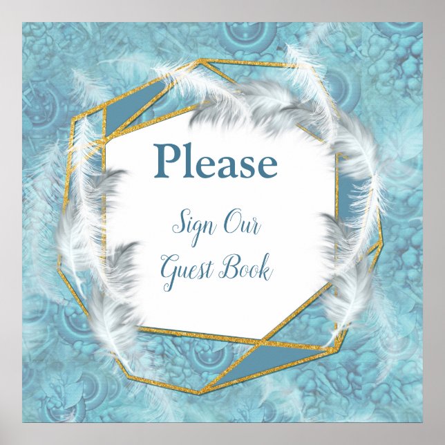 Poster Misturar Padrão Azul, Penas e Lace Branco (Frente)