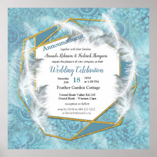 Poster Misturar Padrão Azul, Penas e quadro Dourado