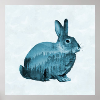Poster Misty Forest Bunny - Azul