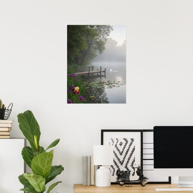 Poster Misty Lake Swans Water Lilies Nature Art (Escritório em casa)