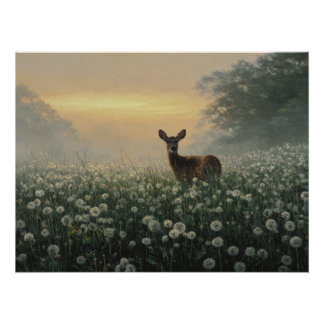 Pôster Misty Morning Meadow Deer