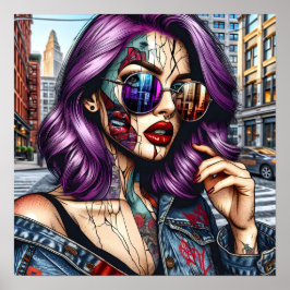 Poster Moça Abstrato Bonito Colorida com Cabelo Roxo