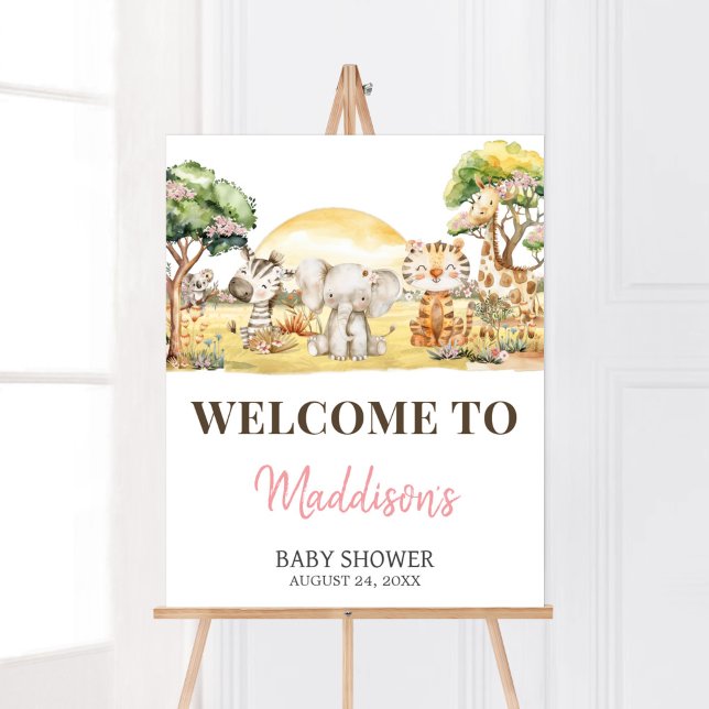 Poster Moça Floral Selgle Safari Sinal de Boas-vindas (Girl Safari Animals Baby Shower Welcome Sign)