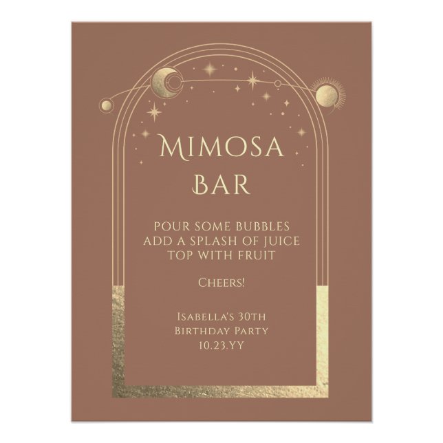 Pôster Mocha Celestial Dourado Mimosa Bar Sol Lua Estrela (Frente)