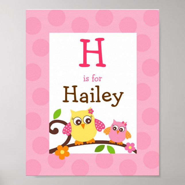 Pôster Mod Owl Flower Girls Nursery Wall Art Name Impress (Frente)