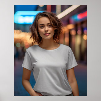 Poster Modelo adorável vestindo uma camiseta Gildan branc