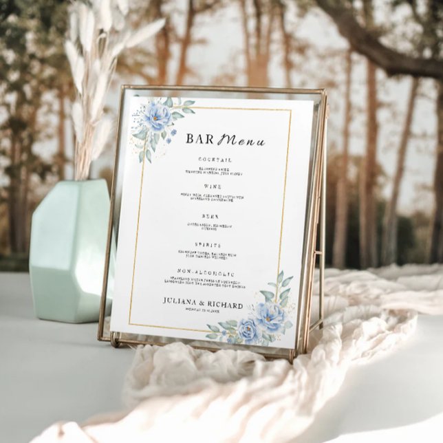 Poster Modelo de Bar de  de Casamento Azul (Blue Wedding Bar Menu Sign Template)