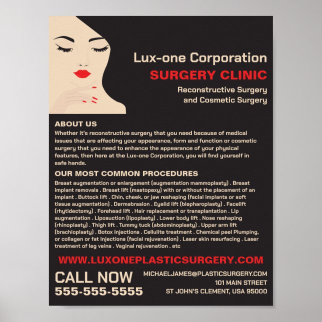 Poster Modelo de Beleza, Cirurgião Plástico, Cirurgia Plá (Frente)