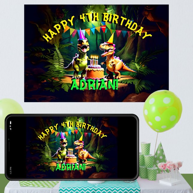 Poster Modelo de feliz aniversário de quatro dinossauros (Dino four dinosaur happy birthday editable template poster banner digital download dino party banner)