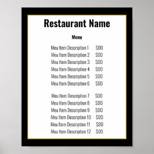 Poster Modelo de Menu Minimalista Preto Branco Dourado