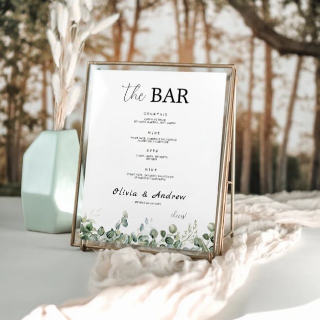 Poster Modelo do Menu Bar de Casamento Verde (Greenery Wedding Bar Menu Sign Template)