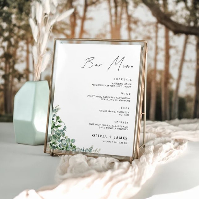 Poster Modelo do Menu Bar de Casamento Verde (Greenery Wedding Bar Menu Sign Template)