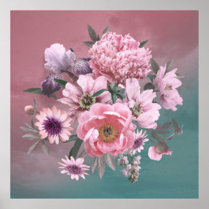 Poster Modelo Floral. Lindas flores, peônias e iri