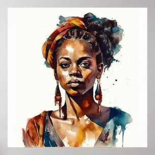 Poster Modelo Negra Boho Alta Moda Mulher Aquarela