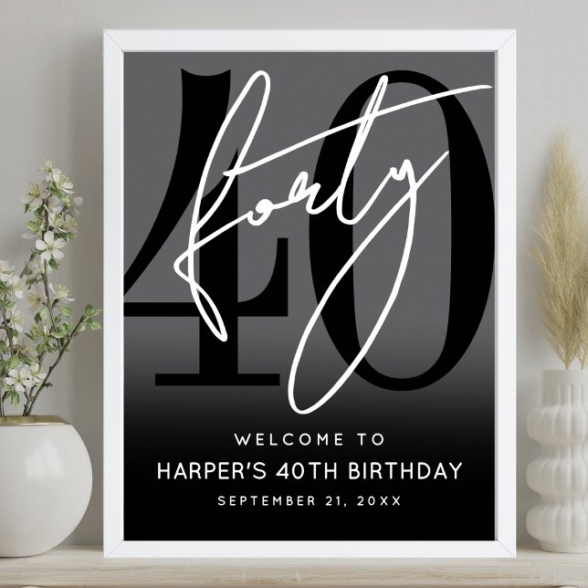 Poster Modern Black 40th Birthday Party Welcome Sign (Modern Black 40th Birthday Party Welcome Sign)