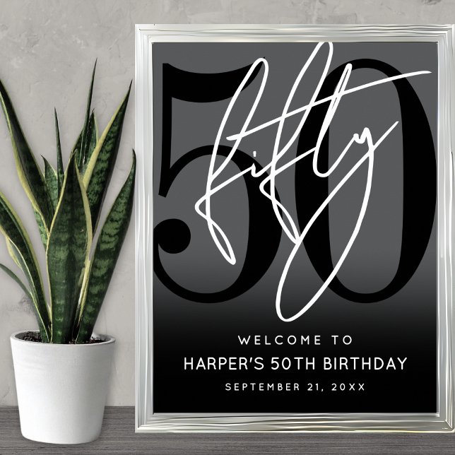 Poster Modern Black 50th Birthday Party Welcome Sign (Modern Black 50th Birthday Party Welcome Sign)