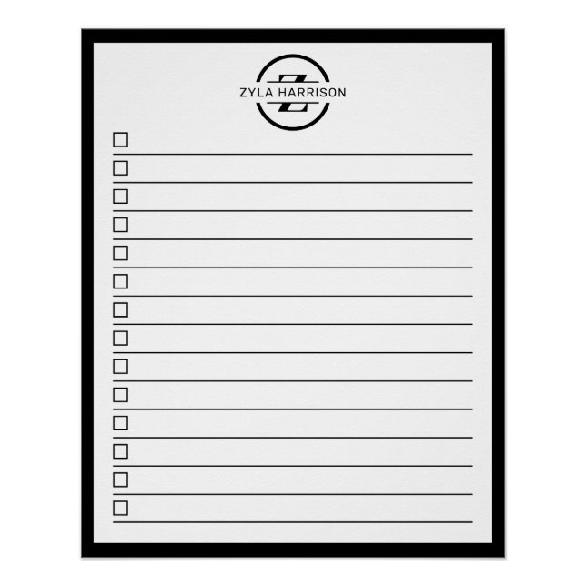 Pôster Modern Black White Monogram Name To Do List (Frente)