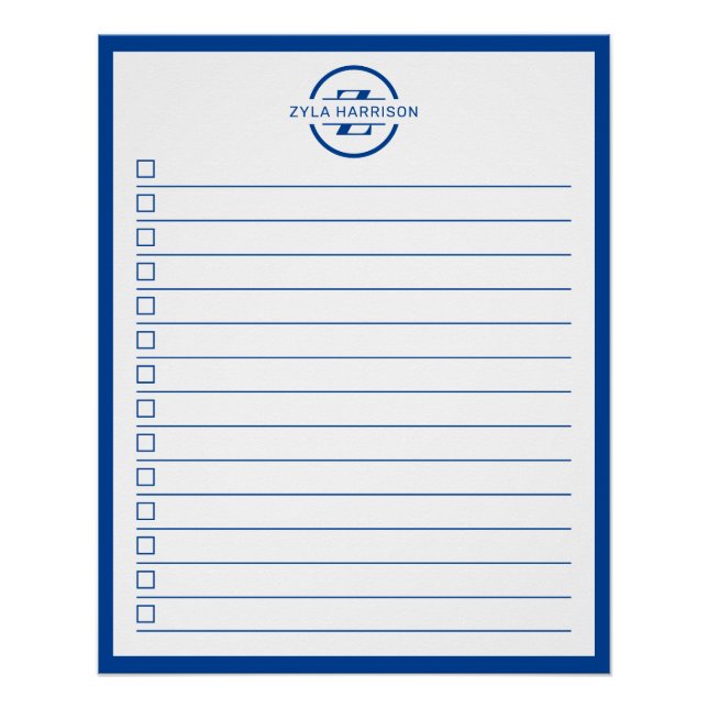 Pôster Modern Blue Monogram Name To Do List (Frente)