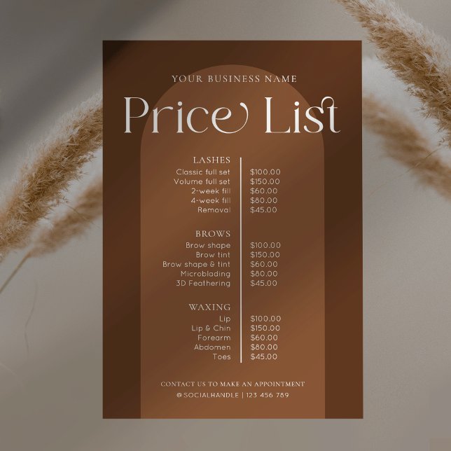 Poster Modern Boho Terracotta Hair Unhas Salon Price List (Modern boho business price list poster with terracotta arch background and trendy fonts)