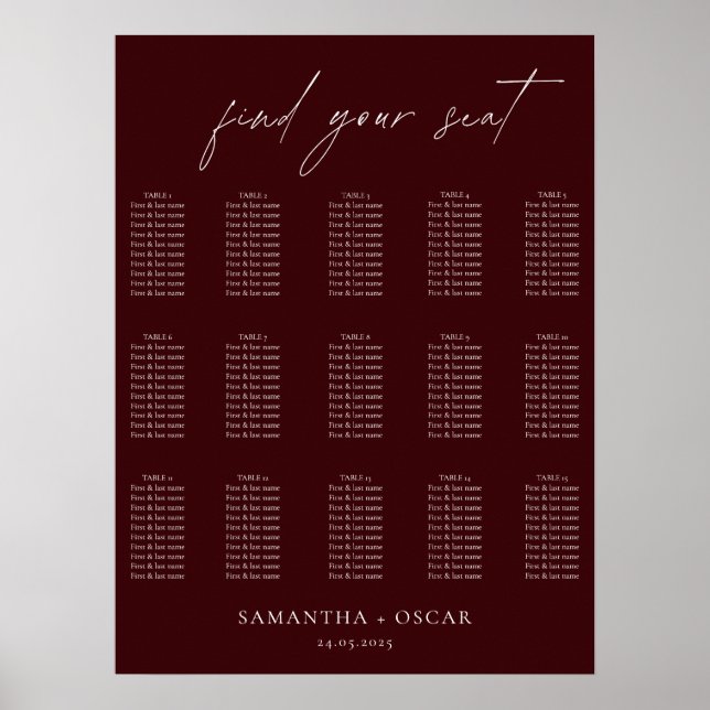 Poster Modern Burgundy Wedding Seating Chart (Frente)
