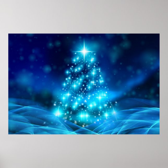 Poster Modern Electric Blue Christmas Tree with Lights (Frente)