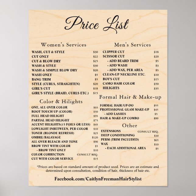 Poster Modern Elegant Beauty Salon Price List (Frente)