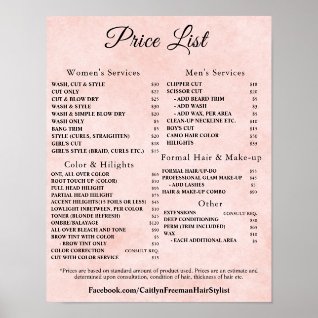 Poster Modern Elegant Beauty Salon Price List (Frente)