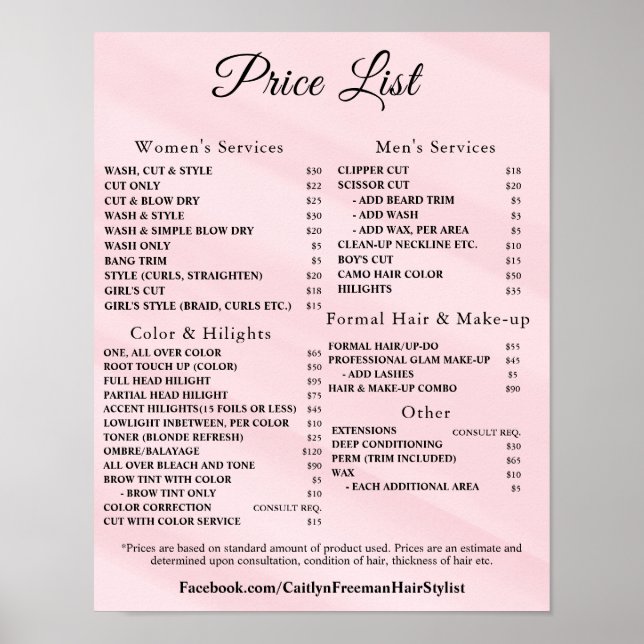 Poster Modern Elegant Beauty Salon Price List (Frente)