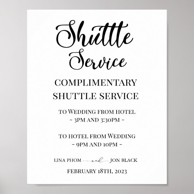 Poster Modern Elegant Wedding Shuttle Service Sign (Frente)