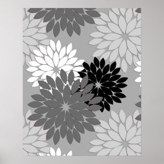 Pôster Modern Floral Kimono Print, Gray, Black and White