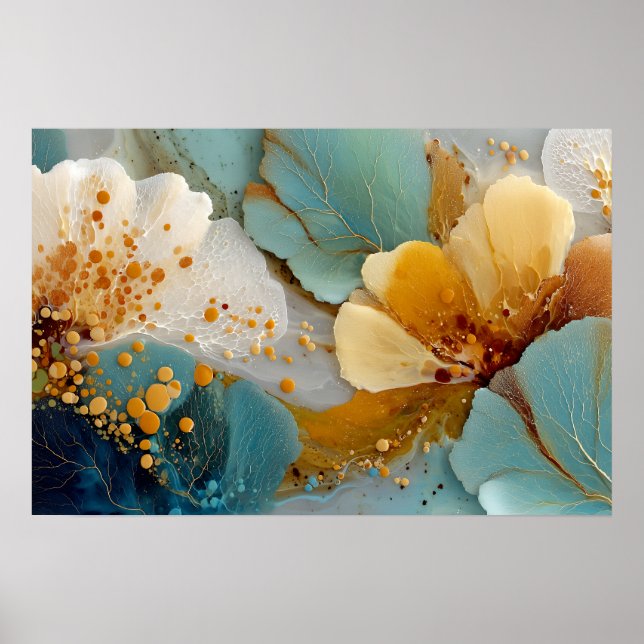 Poster Modern Fluid Abstract Teal Gold Bubbles & Veins (Frente)