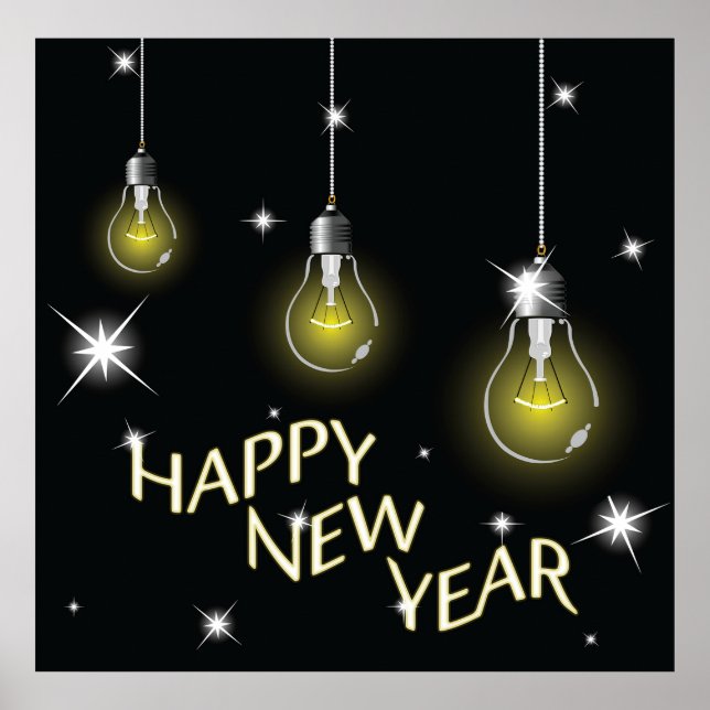 Poster Modern Glowing Light Bulbs Happy New Year (Frente)