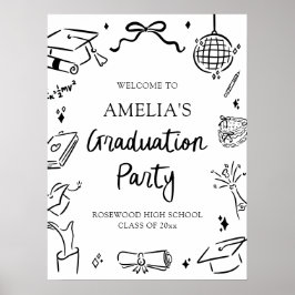 Poster Modern Hand Drawn Bow Graduation Party Welcome