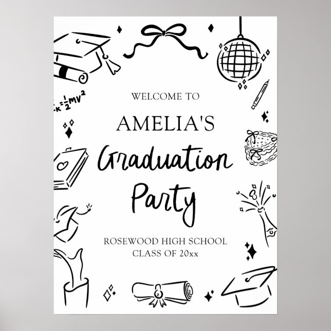 Poster Modern Hand Drawn Bow Graduation Party Welcome (Frente)