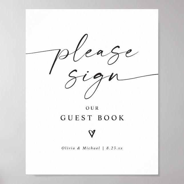 Poster Modern Handwriting Heart Wedding Guest Book Sign (Frente)