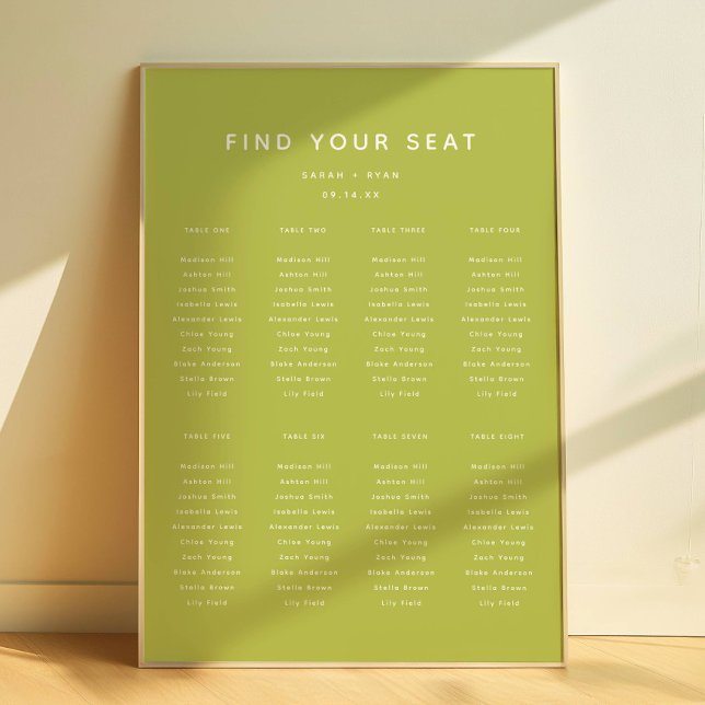 Poster Modern Lime Green Wedding 8-Table Seating Chart (Criador carregado)