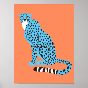 Poster Modern Malibu Blue Cheetah sobre Salmão Orange