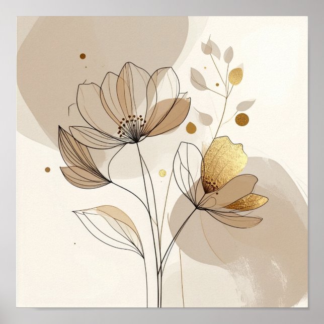 Poster Modern Minimalist Gold Floral Line Art: Abstract B (Frente)