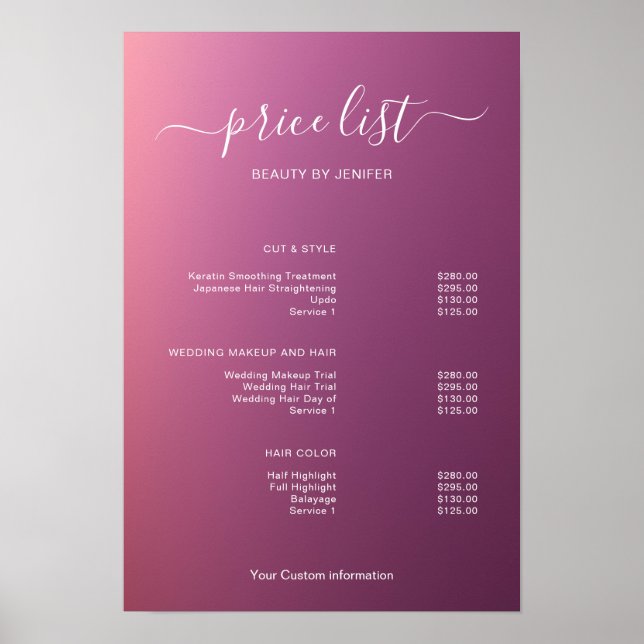 Poster Modern Minimalist Salon Price List Sign for Beauty (Frente)