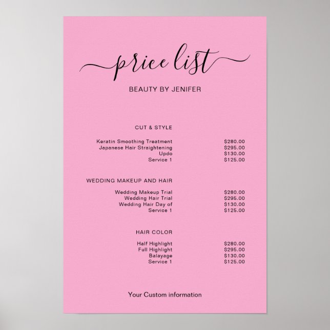 Poster Modern Minimalist Salon Price List Sign for Beauty (Frente)