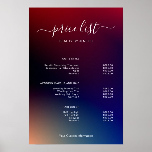 Poster Modern Minimalist Salon Price List Sign for Beauty (Frente)