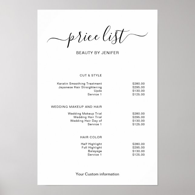 Poster Modern Minimalist Salon Price List Sign for Beauty (Frente)