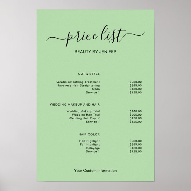 Poster Modern Minimalist Salon Price List Sign for Beauty (Frente)
